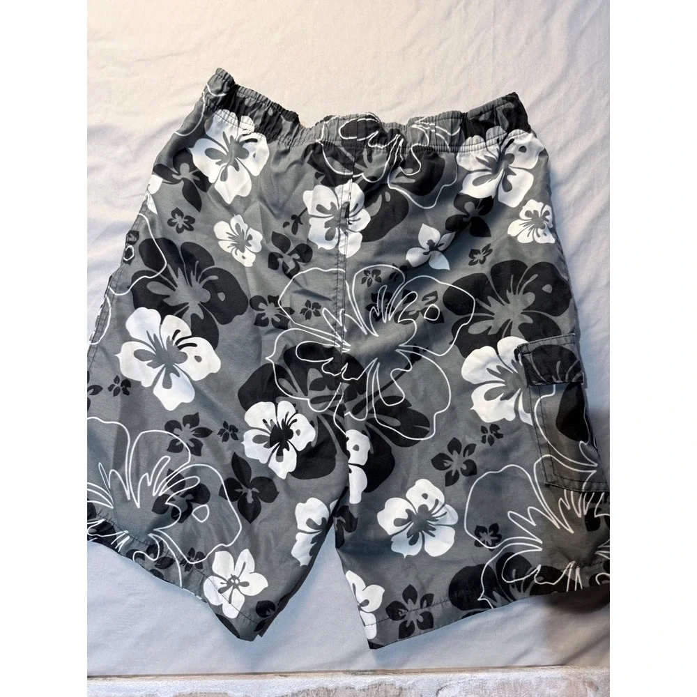 RS Surf Boys Swim Trunks Black Grey‎ Floral Hibiscus Board Shorts Size 10-12 M